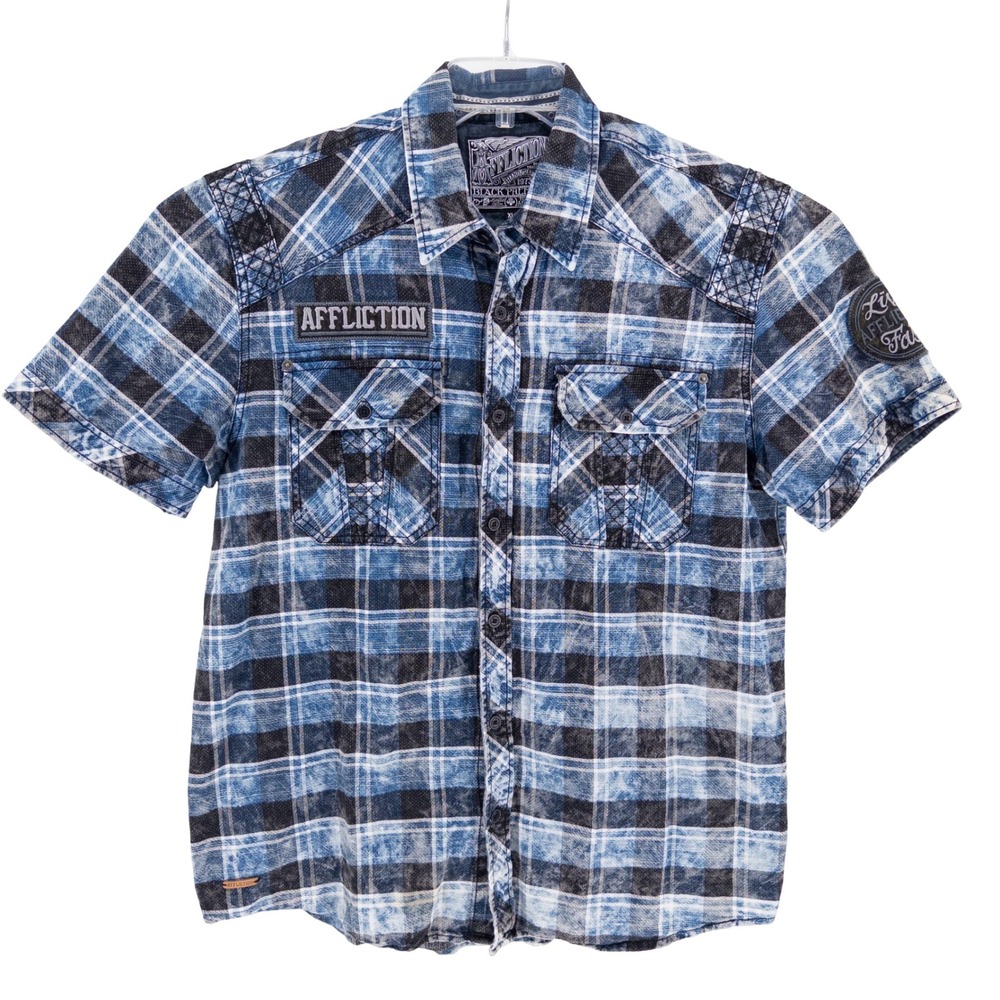 VTG Affliction Black Premium Mens XL Button Shirt Blue Acid Wash Plaid Embroider
